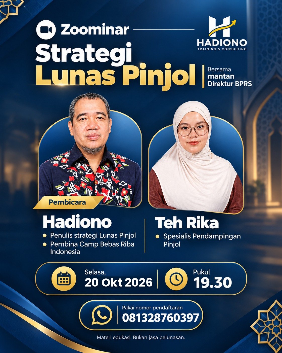 Poster Zoominar Strategi Lunas Pinjol bersama Hadiono dan Teh Rika, Selasa 20 Oktober 2026 pukul 19.30 WIB
